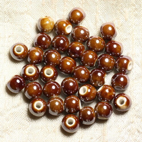100pc - perles porcelaine céramique boules 8mm marron ocre noisette