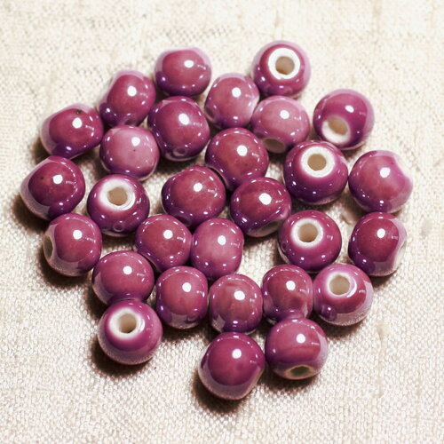 100pc - perles porcelaine céramique violet rose prune boules 10mm
