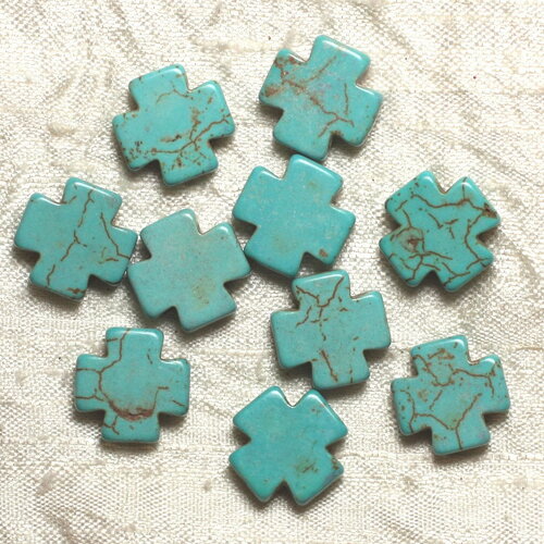 Fil 39cm 25pc environ - perles pierre turquoise synthèse croix 15mm bleu turquoise