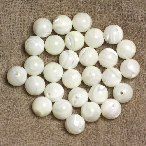 2pc - perles coquillage nacre boules 10mm blanc irisé