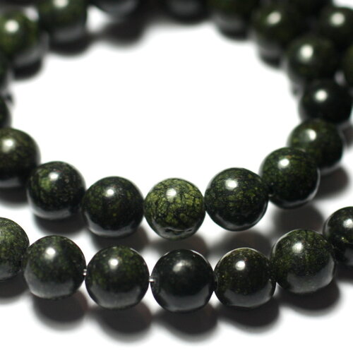 Fil 38cm 43pc environ - perles pierre serpentine boules 8mm vert kaki noir