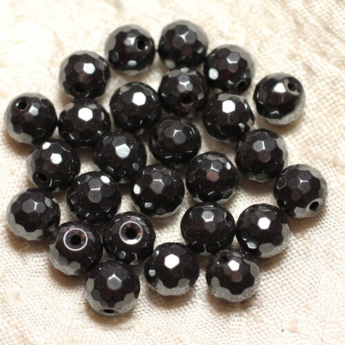 10pc - perles pierre hématite boules facettées 8mm métal noir gris argenté