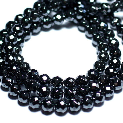 Fil 39cm 100pc environ - perles pierre hématite boules facettées 4mm métal noir gris argenté