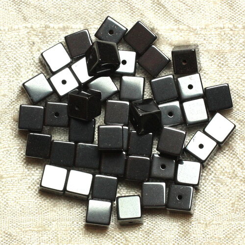 Fil 39cm 50pc environ - perles pierre hématite cubes 8mm métal gris noir