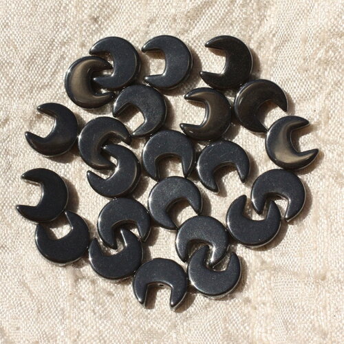 Fil 39cm 74pc environ - perles pierre hématite lettre c croissant lune 10mm métal gris noir