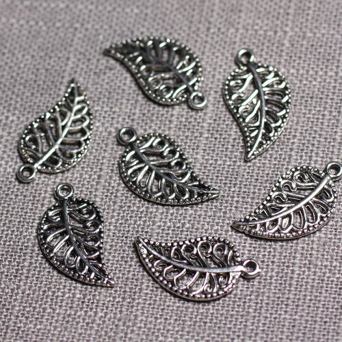 10pc - pendentifs breloques perles métal argenté feuilles arabesques 18mm