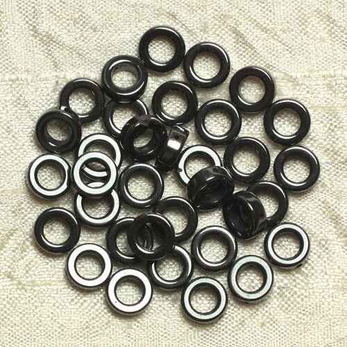 Fil 39cm 48pc environ - perles pierre hematite anneaux cercles donuts 8mm metal gris noir