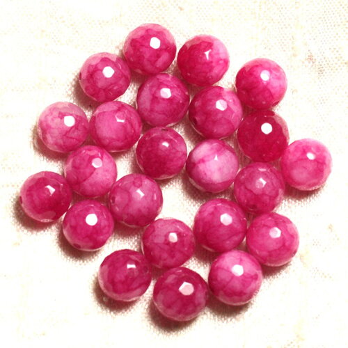 7pc - perles pierre jade boules facettées 10mm rose fuchsia