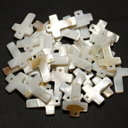 10pc - perles breloques pendentifs coquillage nacre croix 22mm grade b imperfections blanc irisé - 4558550000385