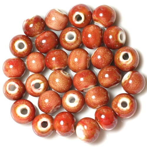 10pc - perles porcelaine ceramique boules 10mm rouge marron brique tacheté - 4558550030795
