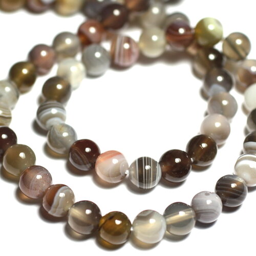 2pc - perles pierre agate botswana boules 8mm marron gris beige blanc
