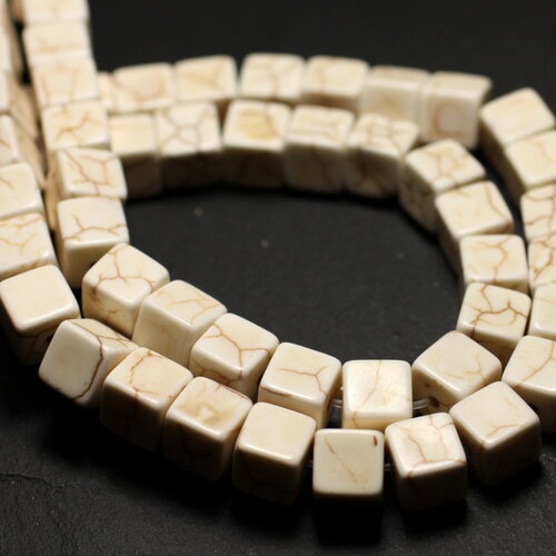Fil 39cm 49pc environ - perles pierre turquoise synthèse cubes 8mm blanc crème beige