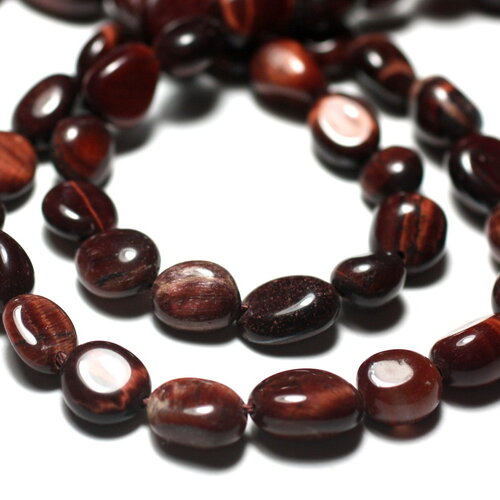 Fil 39cm 45pc environ - perles pierre oeil taureau tigre olives ovales nuggets 7-11mm rouge bordeaux marron noir reflets