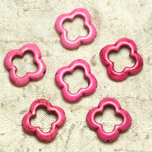 Fil 39cm 18pc environ - perles pierre turquoise synthese fleur trefle 4 feuilles 20mm rose fluo