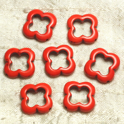 Fil 39cm 18pc environ - perles pierre turquoise synthese fleur trefle 4 feuilles 20mm orange