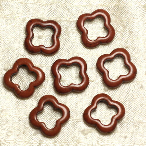 Fil 39cm 18pc environ - perles pierre turquoise synthese fleur trefle 4 feuilles 20mm marron noisette