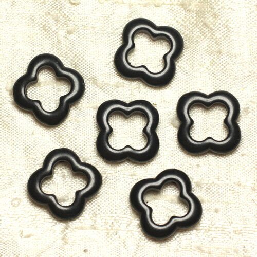 Fil 39cm 18pc environ - perles pierre turquoise synthese fleur trefle 4 feuilles 20mm noir