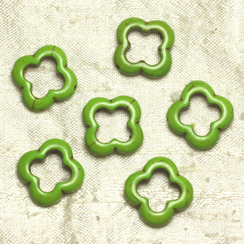 Fil 39cm 18pc environ - perles pierre turquoise synthese fleur trefle 4 feuilles 20mm vert pomme fluo