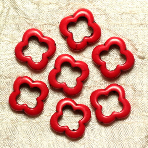 Fil 39cm 18pc environ - perles pierre turquoise synthese fleur trefle 4 feuilles 20mm rouge cerise