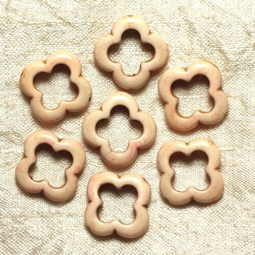 10pc - perles pierre turquoise synthese fleur trefle 4 feuilles 20mm blanc creme beige - 4558550034519