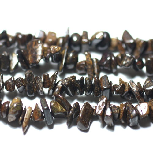 Fil 89cm 280pc environ - perles pierre bronzite rocailles chips 5-11mm marron doré bronze noir
