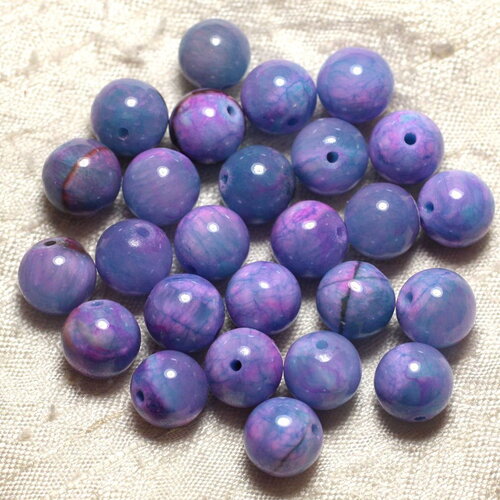 Fil 39cm 39pc environ - perles pierre jade boules 10mm bleu rose violet mauve lavande