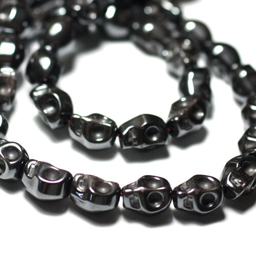 Fil 39cm 39pc environ - perles pierre hématite cranes tetes de mort 10x8mm métal gris noir argenté