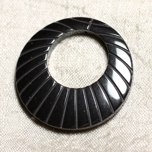 1pc - pendentif pierre hématite 39mm donut gravé rond cercle anneau perçage en haut métal gris noir - 4558550032638