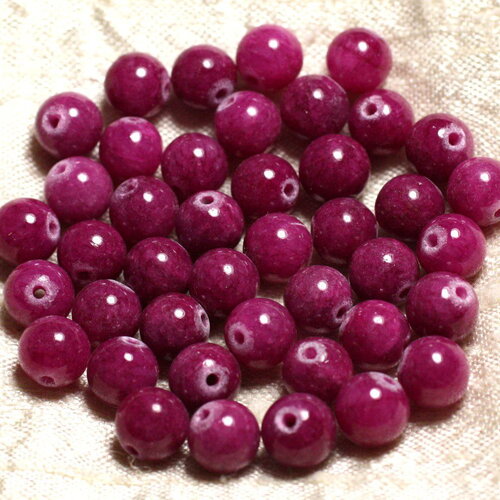 Fil 39cm 48pc environ - perles pierre jade boules 8mm rose rubis fuchsia