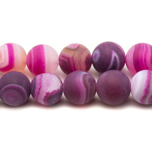 Fil 39cm 46pc environ - perles pierre agate boules 8mm rose fuchsia violet blanc mat sablé givré