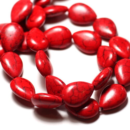 Fil 39cm 28pc environ - perles pierre turquoise synthèse gouttes plates 14x10mm rouge
