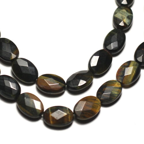 Fil 39cm 32pc environ - perles pierre oeil tigre et faucon ovales facettés 14x10mm bleu noir marron doré reflets