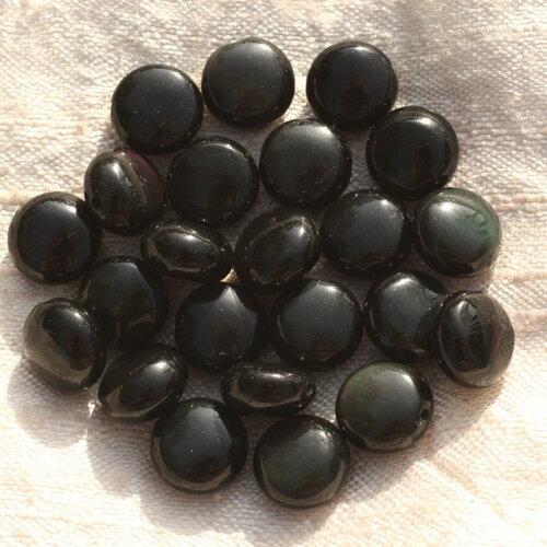 5pc - perles pierre obsidienne noire et arc en ciel palets ronds plats 10mm - 4558550007261
