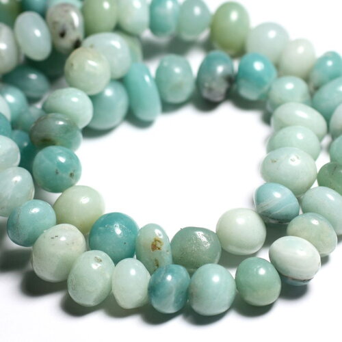 Fil 39cm 56pc environ - perles pierre amazonite galets roulés 6-12mm bleu vert turquoise blanc