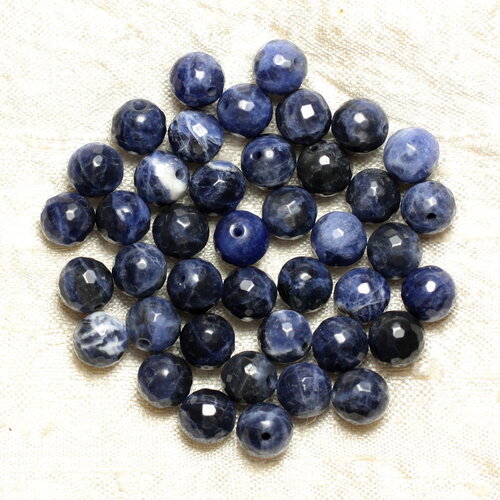 Fil 39cm 63pc environ - perles pierre sodalite boules facettées 6mm bleu noir blanc