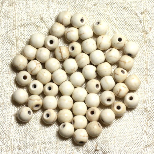 Fil 39cm 63pc environ - perles pierre turquoise synthèse boules 6mm blanc crème beige