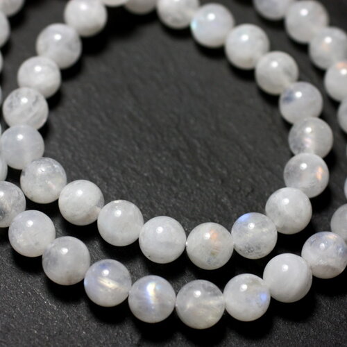 Fil 39cm 38pc environ - perles pierre de lune arc en ciel a boules 10mm blanc bleu reflets
