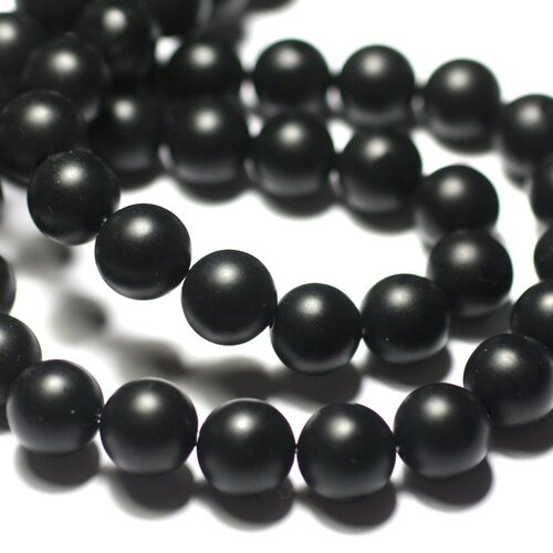 Fil 39cm 37pc environ - perles pierre onyx noir boules 10mm mat sablé givré ciré