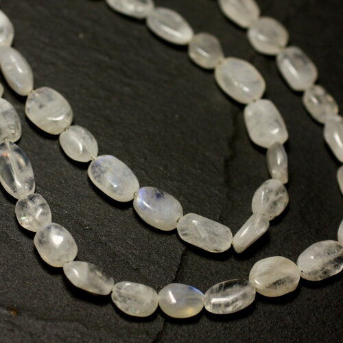 Fil 39cm 50pc environ - perles pierre de lune arc en ciel ovales 6-9mm blanc bleu reflets