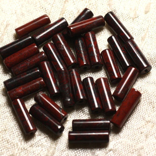 Fil 39cm 29pc environ - perles pierre jaspe poppy breschia tubes cylindres 13x4mm rouge marron noir bordeaux