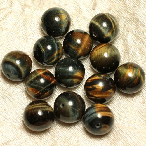 2pc - perles pierre oeil tigre et faucon boules 12mm marron doré bleu noir reflets - 4558550036858