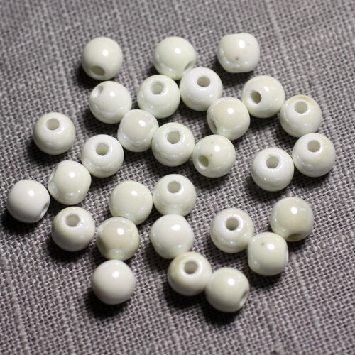 20pc - perles céramique porcelaine boules 6mm blanc irisé