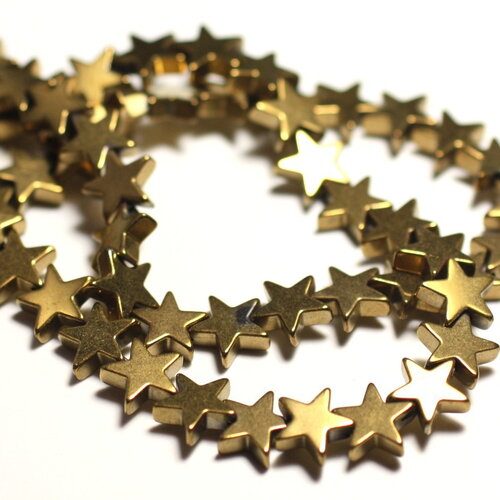 Fil 39cm 80pc environ - perles pierre hematite etoiles 6mm metal jaune or doré