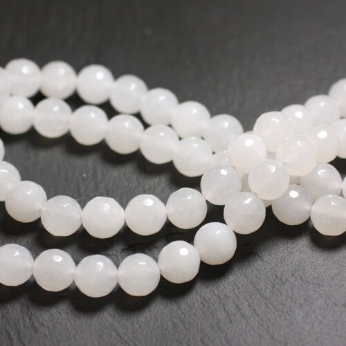 Fil 39cm 46pc environ - perles pierre jade boules facettées 8mm blanc transparent