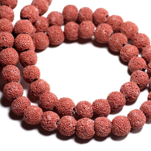 Fil 39cm 40pc environ - perles pierre lave boules 10mm rouge rose tomette