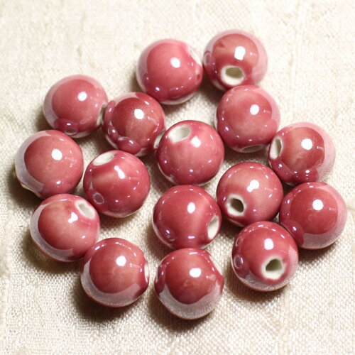 100pc - perles céramique porcelaine boules 12mm rose corail peche irisé