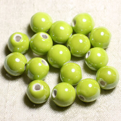 100pc - perles céramique porcelaine boules 12mm jaune vert citron anis irisé