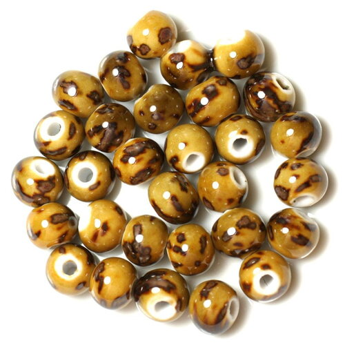 100pc - perles ceramique porcelaine boules 10mm jaune ocre marron