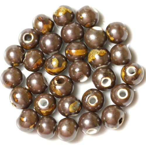 100pc - perles ceramique porcelaine boules 10mm marron jaune ocre métallisé