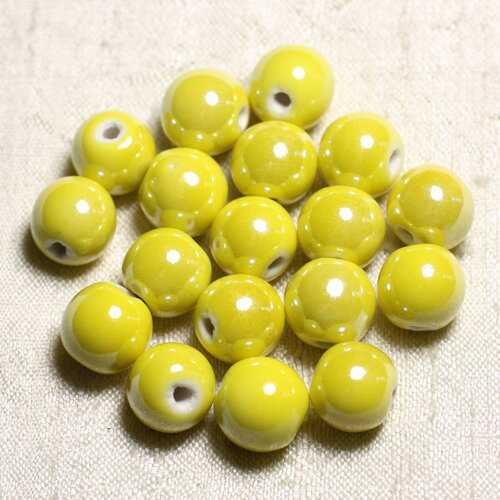100pc - perles céramique porcelaine boules 12mm jaune irisé